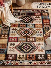 1pc Ultra Soft Crystal Velvet Rug - Vintage Style Bohemian Carpet, Soft, Anti-Slip, Machine Washable Polyester Mat With Colorful Geometric Pattern - Yellow - View 3