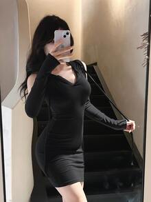 Vestido De Mujer Con Cuello en V Y Manga Larga,Vestido corto camiseta unicolor con espalda descubierta de sexy con cordones y capucha para mujer,ropa de vacaciones - Negro - Ver 8