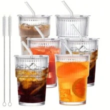 6 juegos de vasos de vidrio de 12 oz/350 ml con tapas y pajitas, vasos de vidrio duraderos acanalados, vasos para café y jugo, un juego de exquisitos recipientes de vidrio, reutilizables. - transparente - Ver 1