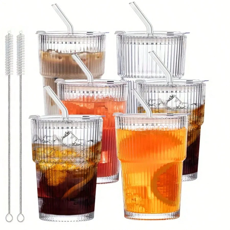 6 juegos de vasos de vidrio de 12 oz/350 ml con tapas y pajitas, vasos de vidrio duraderos acanalados, vasos para café y jugo, un juego de exquisitos recipientes de vidrio, reutilizables. - transparente - Ver 1