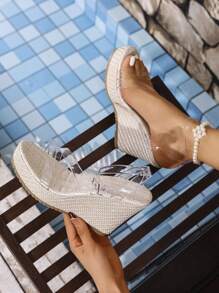 New Spring/Summer Women's Open Toe Sandals, Transparent Criss-Cross Straps With Metal Buckle Wedge High Heel Waterproof Platform Shoes, Versatile Round Toe Pearl Decor Backless Casual Outdoor Party Transparent Strap Sandals