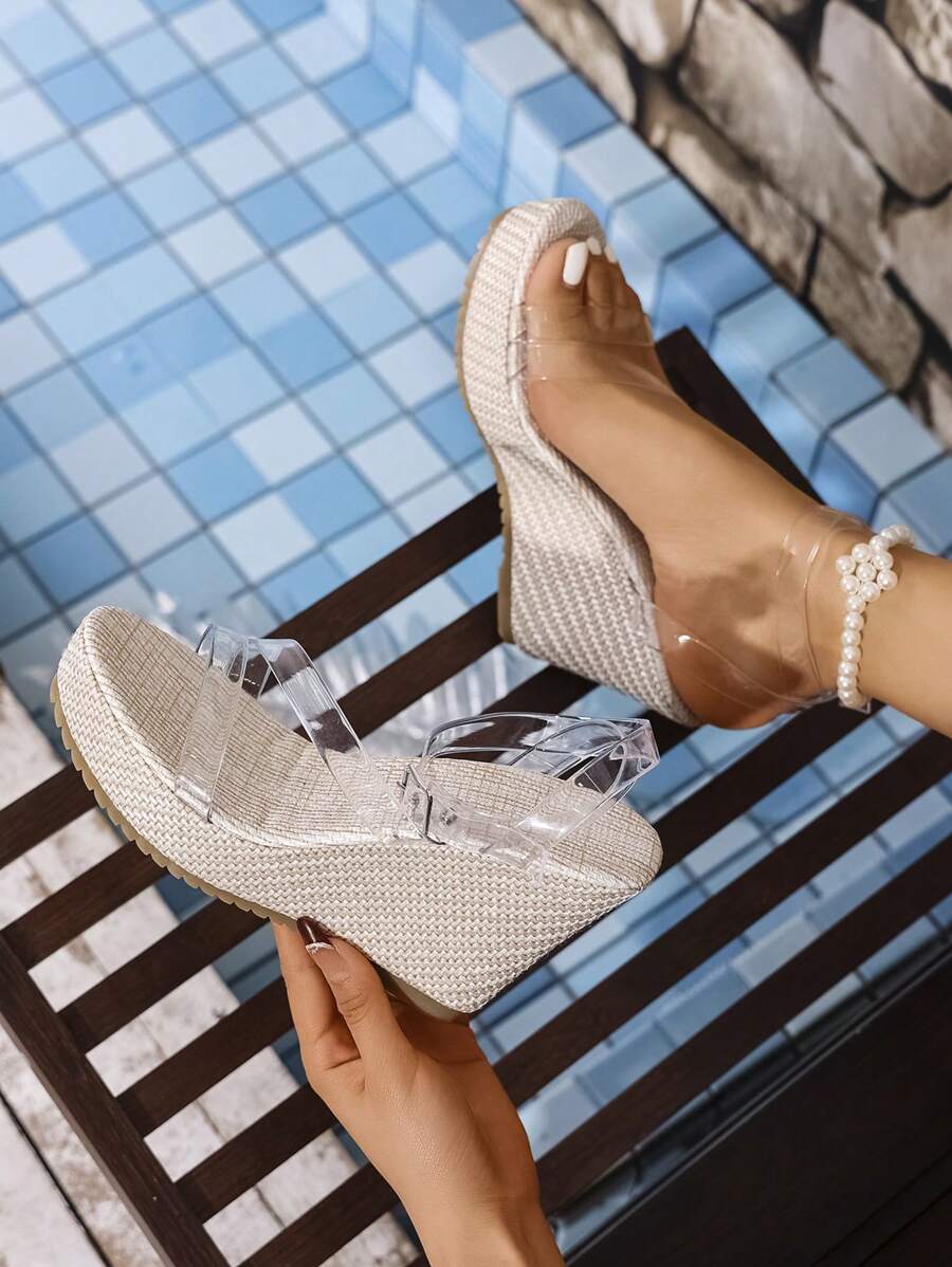 New Spring/Summer Women's Open Toe Sandals, Transparent Criss-Cross Straps With Metal Buckle Wedge High Heel Waterproof Platform Shoes, Versatile Round Toe Pearl Decor Backless Casual Outdoor Party Transparent Strap Sandals