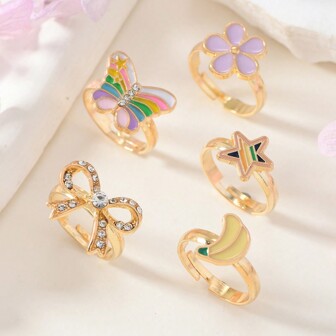 5 件/套可调节锌合金儿童戒指，生日礼物和派对配件，适合女学生的可爱戒指，多种设计可供选择