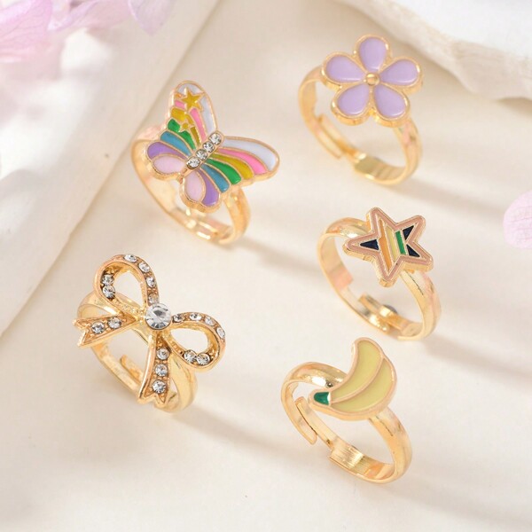 Set de 5 anillos ajustables de aleación de zinc para niñas, regalo de cumpleaños y accesorio para fiestas, anillos lindos para estudiantes, con múltiples diseños disponibles