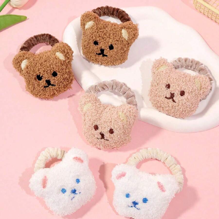 2 件装可爱卡通熊毛绒发圈，女孩蓬松发饰 - 彩色 - 查看 1