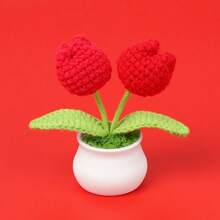 1pc Handmade Crocheted Yarn Simulation Tulip Potted Plant, Round Cute Woven Yarn Tulip, 1 Double Headed Stamen, 1 Triple Headed Flower Bud, Desktop, Car, Office, Home Decoration, Small Gift, Can Be Given To Family, Friends, Classmates, Birthdays, Teachers, Souvenirs, Night Market Camping Parties, Scenic Spots Easter Gifts Graduation,Garden Decor,Outdoor Plant,Gardening,Fake Flowers