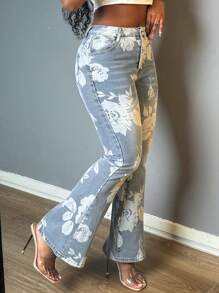 Women's Fashionable Retro Printed Micro Flared Jeans, High Waisted Elastic Loose Wide Leg Flared Pants, Women's Jeans And Clothing - Rửa nhẹ - Xem 3