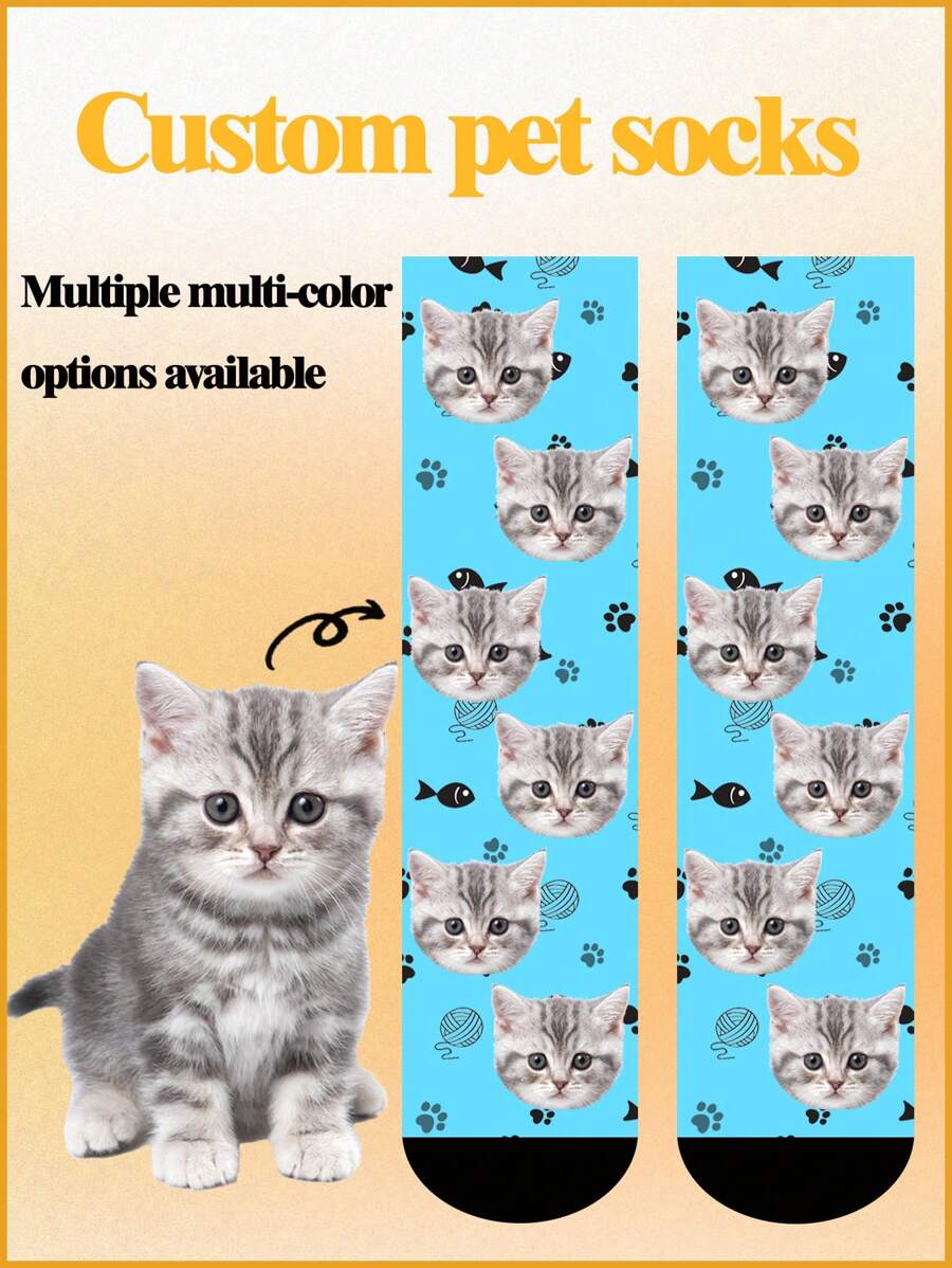 1 Pair Of Customized Socks For Children Aged 1-16, Pet Cat, Adult Average Size Customized Socks, Cute, Kitten, Pet