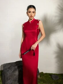 Đầm sườn xám kiểu Trung Hoa mới không tay cổ đứng đính đá lấp lánh satin trơn - Đỏ - Xem 8