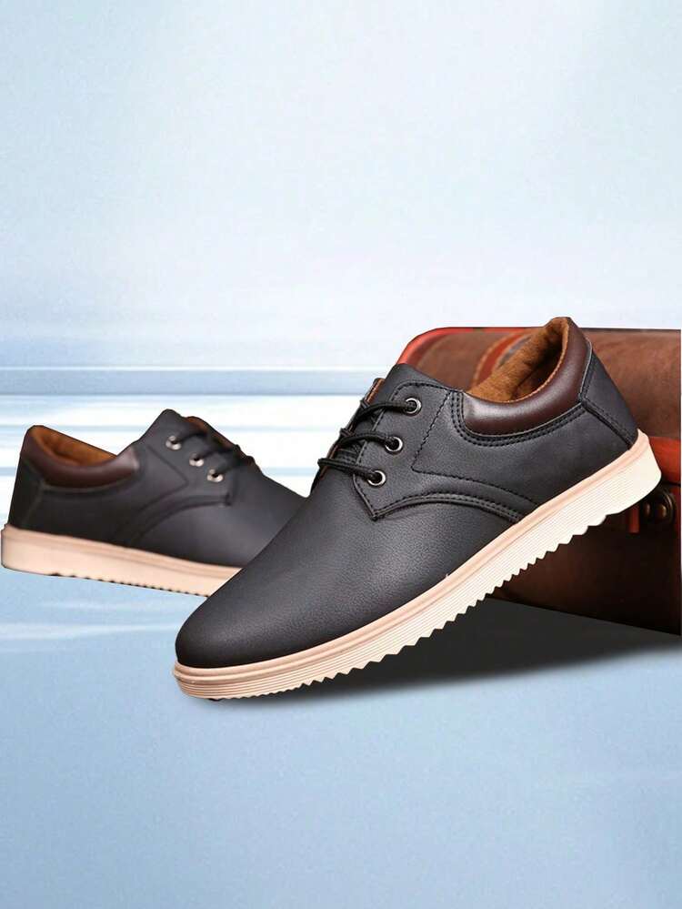 Casual de los hombres antideslizante zapatillas de deporte de color sólido, punta redonda con cordones parejas zapatos planos formales, adecuados para los viajes diarios, lugar de reunión, traje a juego, - Negro - Añade 4