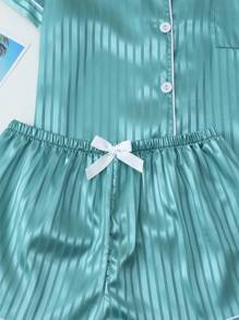 [Elegant Fields]2 Pieces Women Satin Striped Short Sleeve Polo Shirt And Shorts Pajama Set, For Spring And Summer, Two Pieces Set - Green - View 6