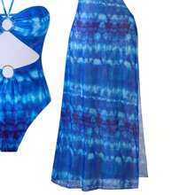 1pc Women Blue Monokini With Mesh Skirt Swimsuit, Elegant Holiday & Resort