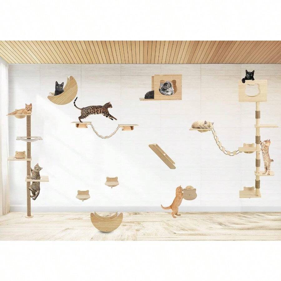 Wall-Mounted Tall Cat Tree - Floor To Ceiling Cat Tower With Wood Shelves, Scratching Post & Bed For Large Cats - View #8