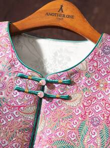Exquisite Floral Pattern Round Neck Sleeveless Cardigan Top, Elegant New Chinese Style Tang Suit Jacket Top, Beautiful Women's Vest Cardigan Casual - Hot Pink - View 8