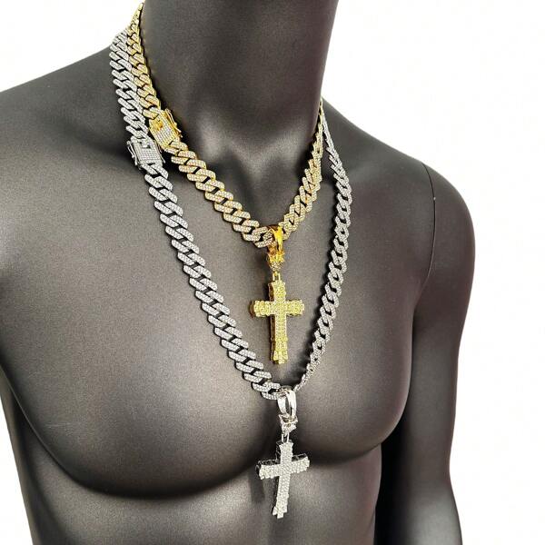New Luxury Rhinestone Accented Double-Layer 3D Cross Pendant, Oversized Hiphop Style, Alloy-Plated, Vintage Personalized Creative, Suitable For Cuban Chain, High-End Fashion