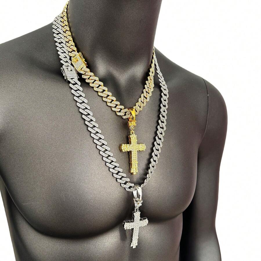New Luxury Rhinestone Accented Double-Layer 3D Cross Pendant, Oversized Hiphop Style, Alloy-Plated, Vintage Personalized Creative, Suitable For Cuban Chain, High-End Fashion - Kayi-cross - View 1
