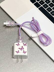 5pcs/Set Purple Butterfly Design 20W/18W Charger Kit, Including Charging Cable, Protective Case And Charging Head, Compatible With IPhone 11 12 13 14 15 16 Cable Protector, Charger Protector