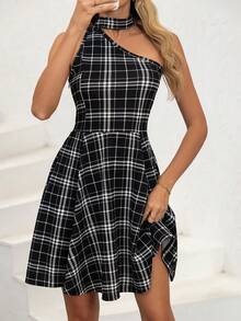 女士时尚露背不对称无袖休闲连衣裙，夏季