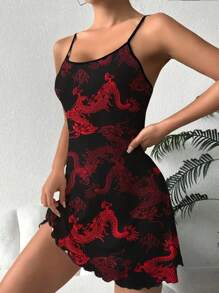 性感中国龙印花吊带睡衣连衣裙 - 紅色 - 查看 1