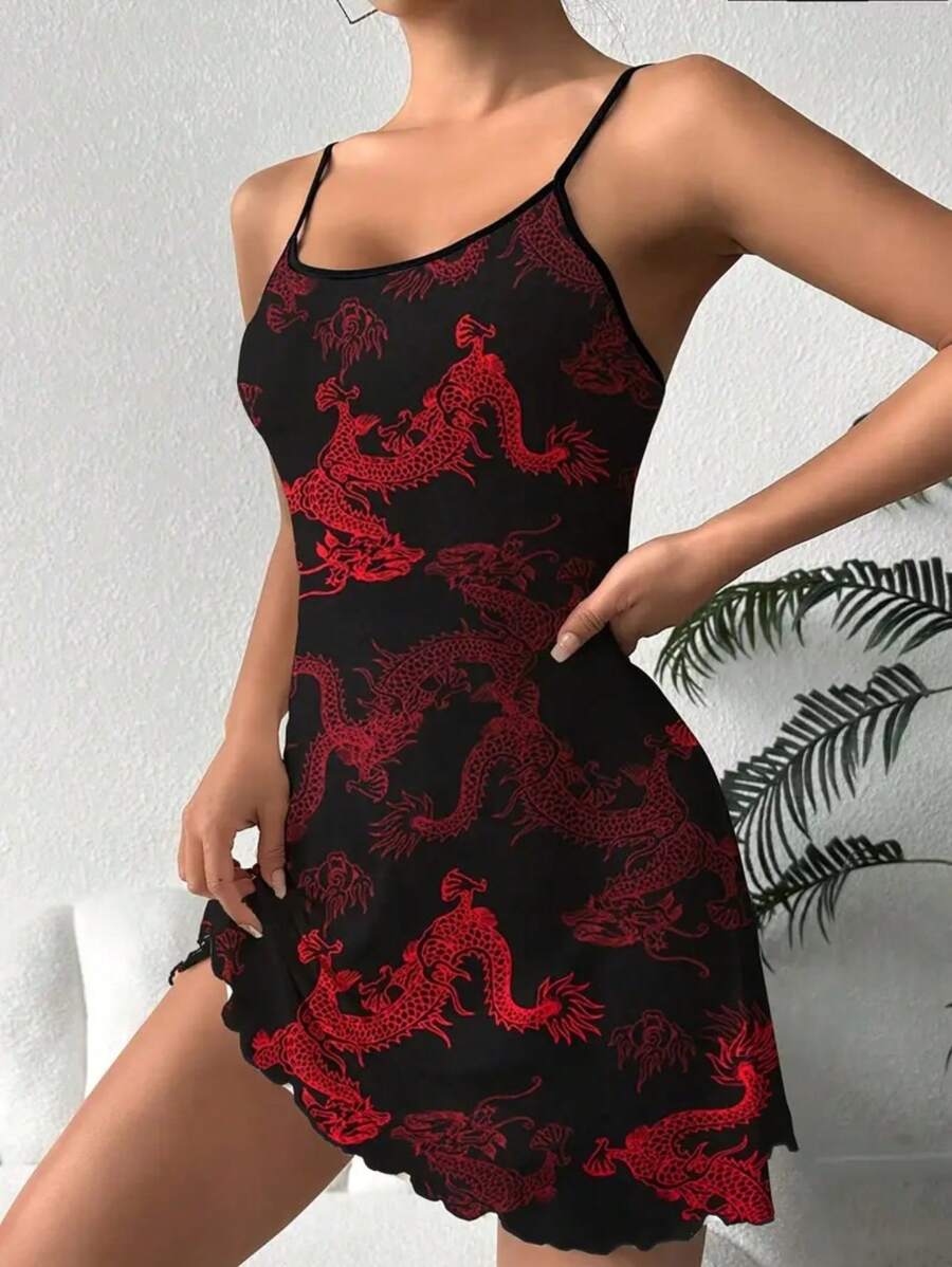 性感中国龙印花吊带睡衣连衣裙 - 紅色 - 查看 1