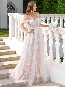 UNITHORSE 女士蕾丝刺绣花卉交叉后背可调节宽松白色伴娘礼服、婚纱、全白派对服装 - 白色 - 查看 5