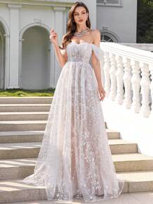 UNITHORSE 女士蕾丝刺绣花卉交叉后背可调节宽松白色伴娘礼服、婚纱、全白派对服装 - 白色 - 查看 3