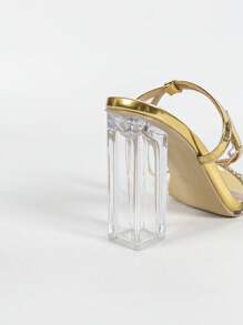 Wide Fit Fashion Women's High Heel Sandals, Jelly Gel Embellished Strap Sandals, Metal PU Leather Wraparound Backstrap Sandals, Classic Square Toe Sandals, Transparent Crystal Block Heel Sandals, Square Heel High Heel Sandals, Summer Outdoor & Regular Sandals, Metallic Gold Ladies Sandals