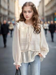 Tween Girl Ruffled Frill Collar Blouse, Sweet Layered Look Princess Style Top - Apricot - View 3