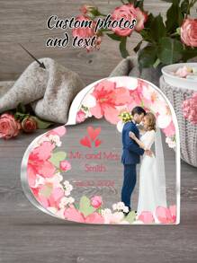 1pc Customized Wedding Photo Valentine'S Day Acrylic Heart-Shaped Ornament - Personalized Custom Text Name And Date Wedding Photo Plaque, Customized Love Themed Souvenir Decoration Plaque, Romantic Couple Photo Ornament - Multicolor - View 1