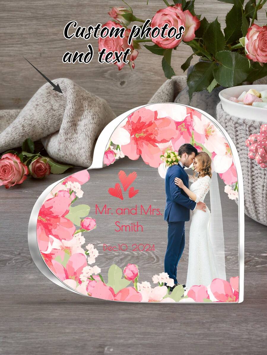1pc Customized Wedding Photo Valentine'S Day Acrylic Heart-Shaped Ornament - Personalized Custom Text Name And Date Wedding Photo Plaque, Customized Love Themed Souvenir Decoration Plaque, Romantic Couple Photo Ornament - Multicolor - View 1
