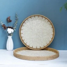 1pc Japanese Mother-Of-Pearl Inlaid Wooden Base Rattan Tray Hand-Woven Wicker Tray Coffee Table Tray For Storage And Placing Bread And Fruits - Apricot - View 6