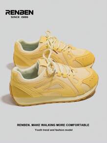 RENBEN 1 Pair People's Thick Sole Women's Sports Style Mesh Sneakers, Front Lace Up Yellow Mesh Platform Low-Top Casual Outdoor Athletic Shoes, Suitable For Dresses & Pants, 2025 Popular Women's Shoes - Yellow - View 3