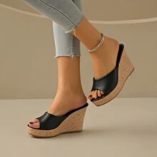 女士厚底拖鞋，夏季新款厚底舒适休闲一脚蹬高跟拖鞋 - 黑色 - 查看 5