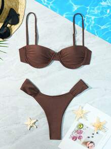 New Arrival Solid Color Vacation Split Bikini Set, Stylish European And American Design, For Summer Beach Elegant - Chocolate Brown - View 1