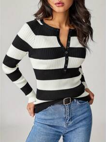 Women Long Sleeve Knit Tops Casual Stripes Contrast Color 1/2 Button Pullover Shirt For Club Streetwear - Black - View 4