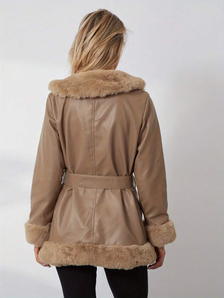 Women's Leather Open Front Jacket, Casual Contrasting Color Plush Collar Warm Cardigan With Belt Outerwear Street Wear. - Light Brown - View 1