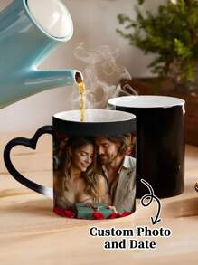 1pc 11Oz Personalized Customized Photo Magic Mugs, Calendar Coffee Mugs, Heat-Sensitive Color-Changing Mugs With Heart-Shaped Handles, Anniversary Mugs. They Are Ideal Gifts For Couples, Birthdays, Anniversaries And Valentine's Day