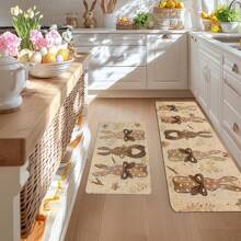 1/2 Set Easter Kitchen Rug - Cute Brown Easter Bunny Pattern, Non-Slip, Soft Washable Polyester Rug, Ideal For Bedside, Bedroom Entrance, Balcony Decor, Perfect Easter Decoration, Suitable For All Seasons - Multicolor - View 2