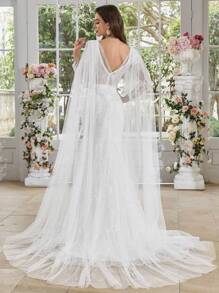 UNITHORSE UNITHORSE Women's Sweetheart Collar Big Lantern Sleeve Sequin Embroidery Lace Mesh Patchwork White Fishtail Wedding Dress Gown,Bride, All White Party Outfit Women
