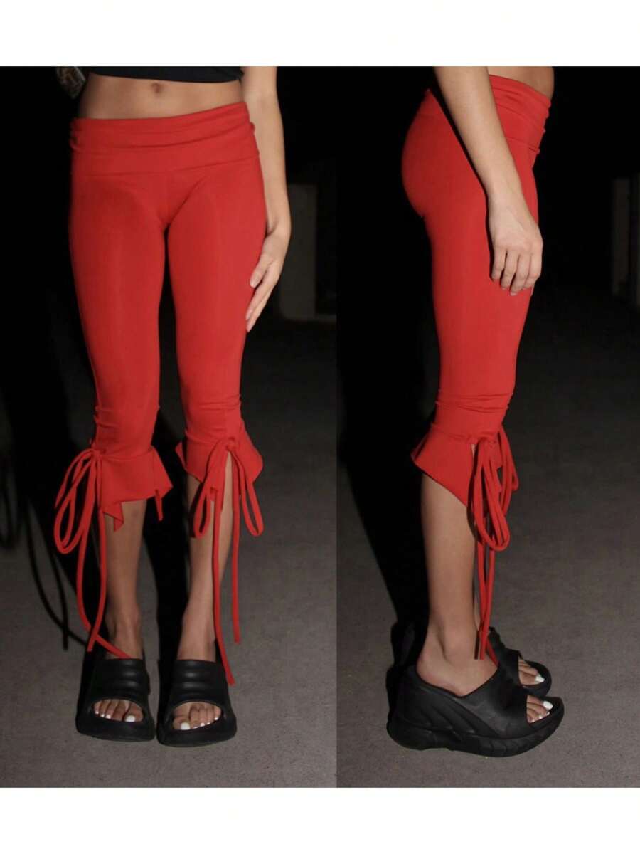 Women Capri Pants Solid Color Elastic Waist Tie-Up Summer Casual Cropped Pants Stretch Crop Leggings - 紅色 - 查看 1