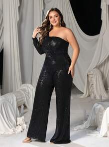 Faeriesty Plus Elegant Sequin Jumpsuit With Long Sleeve & Wide Leg Silhouette | Perfect For Gala Events, Destination Weddings, And Sophisticated Cocktail Parties - Black - View 7