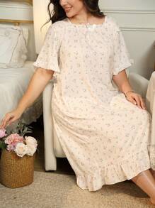 RS Pajama Women's Plus Size Elegant Flower Print Bubble Chiffon Ruffle Trim Square Neck Night,Long Sleep Dress,Pajama Dress