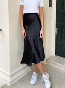 Women's Satin Midi Skirt High Waist Solid Colour Office Work Long Skirt Slim Fit Shiny Cocktail Skirts - Black - View 2