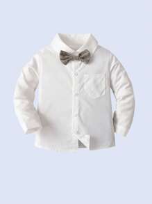 3pcs Young Boys Gentleman Outfit Set: White Collared Shirt With Bow Tie, Grey Vest And Suspender Pants, Fashionabantic For Birthday Party, Wedding, Anniversary