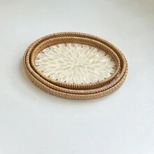 1pc Japanese Mother-Of-Pearl Inlaid Wooden Base Rattan Tray Hand-Woven Wicker Tray Coffee Table Tray For Storage And Placing Bread And Fruits - Apricot - View 7