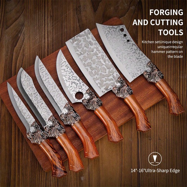 7pcs, Hand-Forged Stainless Steel Knife Set. The Set Includes Boning Knife, Slicing Knife, Carving Knife, Chef's Knife, Butcher's Knife, Kitchen Scissors And Ultra-Sharp Bone Knife. Suitable For Kitchen Knives For Meat, Fish, Fruits, Etc.
