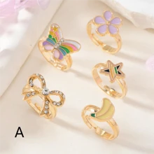 5pcs/Set Adjustable Zinc Alloy Children's Rings, Birthday Gift & Party Accessory, Cute Rings For Girl Student, Multiple Designs Available
