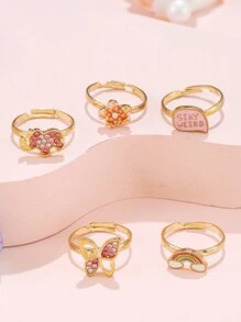 5 件套女孩可爱蝴蝶和彩虹设计戒指套装，适合日常、派对、儿童礼物 - 金色 - 查看 3