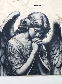 MAISONFOX Áo sơ mi nam mùa hè kiểu dáng thường ngày, thích hợp cho kỳ nghỉ biển, áo sơ mi dáng rộng in hình thiên thần phong cách đường phố cổ điển. - Màu be - Xem 4