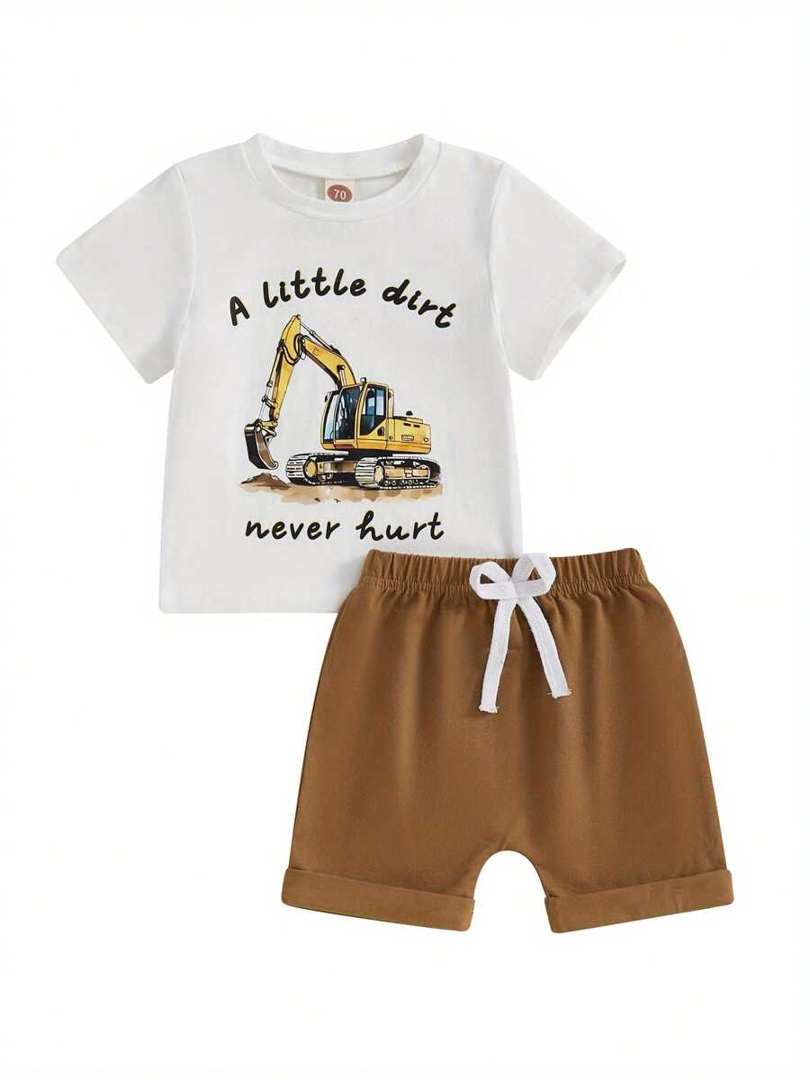 Toddler Boys Summer Outfits Letter Digger Print Round Neck Short Sleeve T-Shirts Elastic Waist Shorts 2Pcs Clothes Set